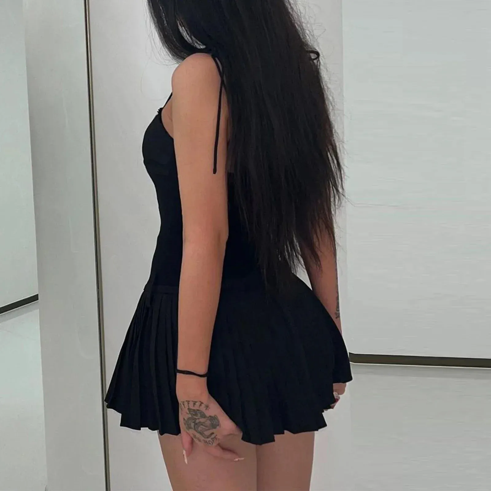 Sleeveless A-Line Spaghetti Strap Low Waist Slim Short Pleated Casual Summer Mini Dress