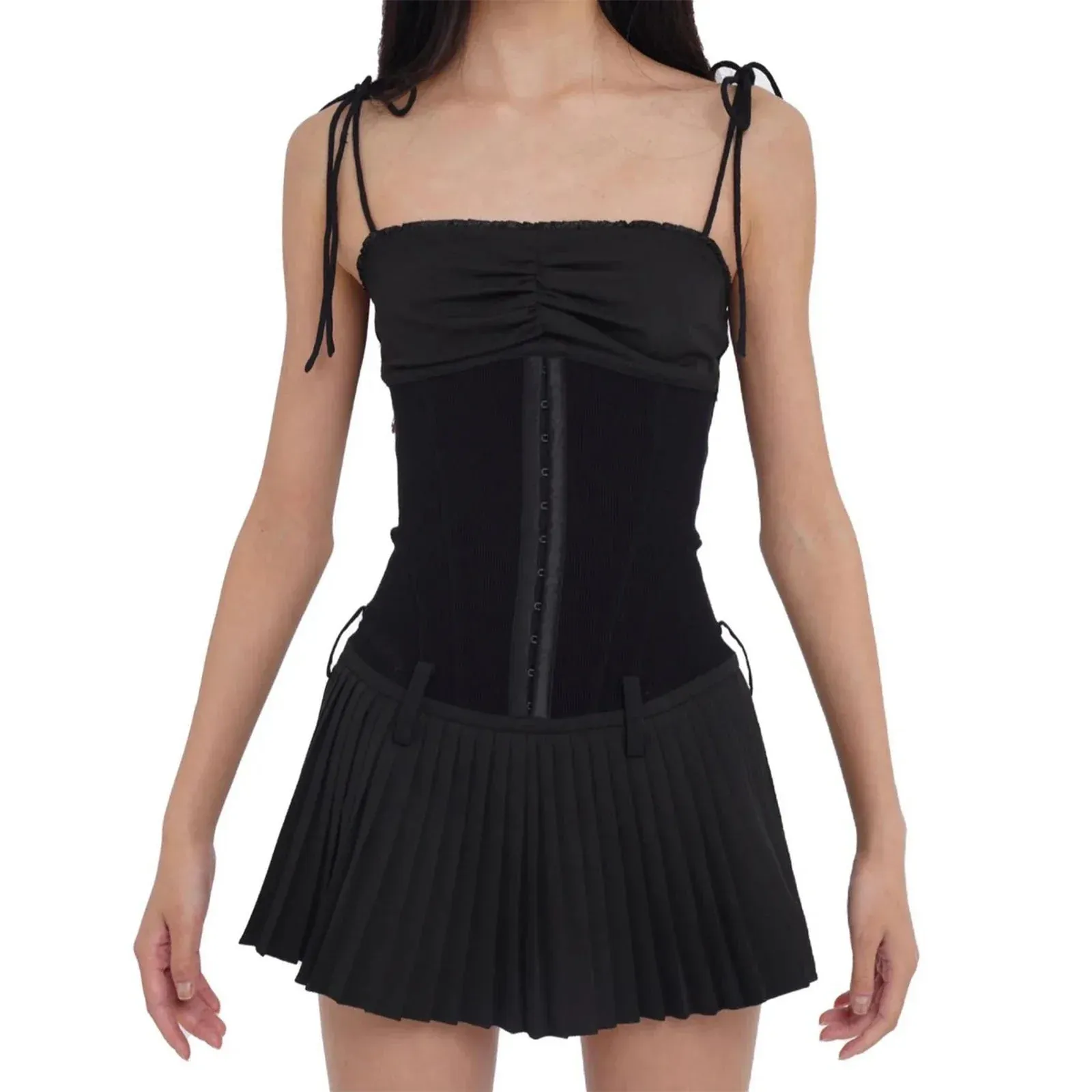 Sleeveless A-Line Spaghetti Strap Low Waist Slim Short Pleated Casual Summer Mini Dress
