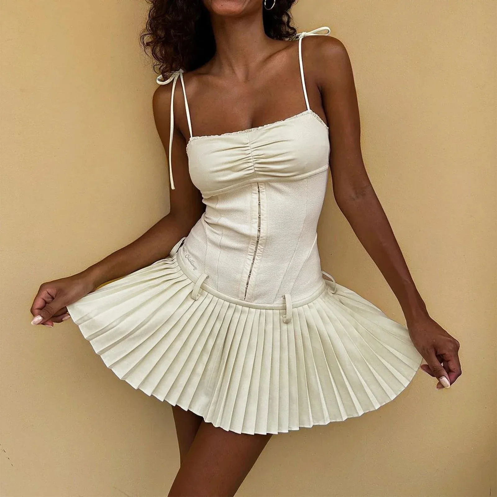 Sleeveless A-Line Spaghetti Strap Low Waist Slim Short Pleated Casual Summer Mini Dress