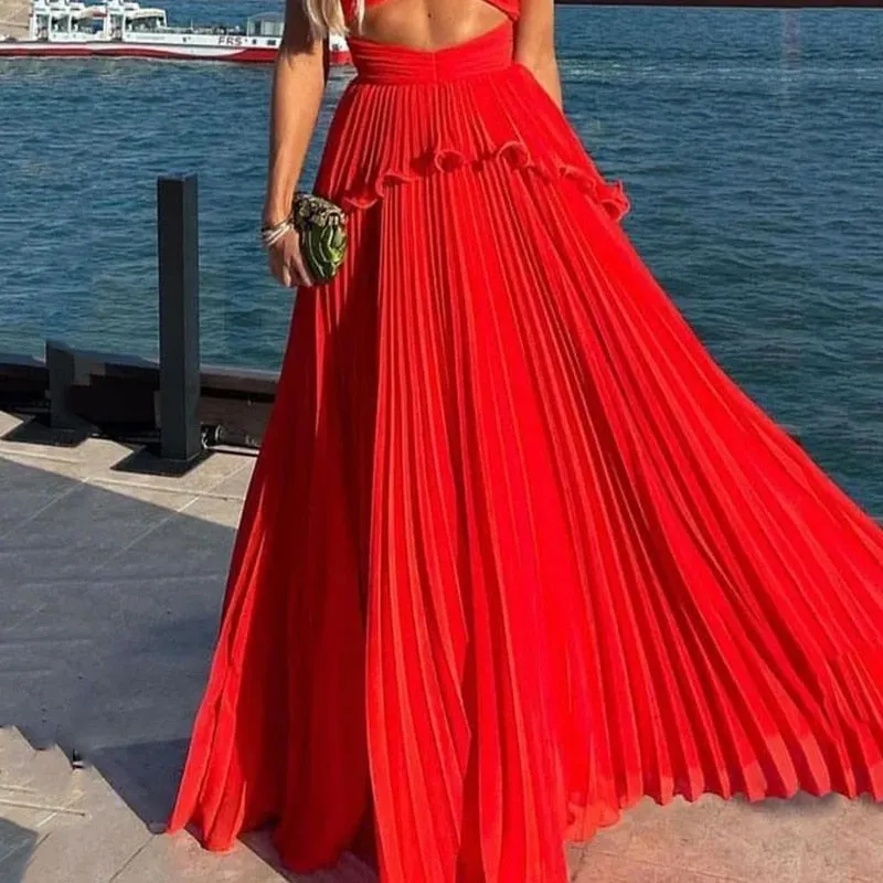 Sleeveless Hollow Belly Pleated Maxi Dress