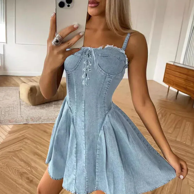 Spaghetti Strap Denim Off Shoulder Bandage Slim Ladies Sexy Slash Neck Pleated Short Summer New Dress