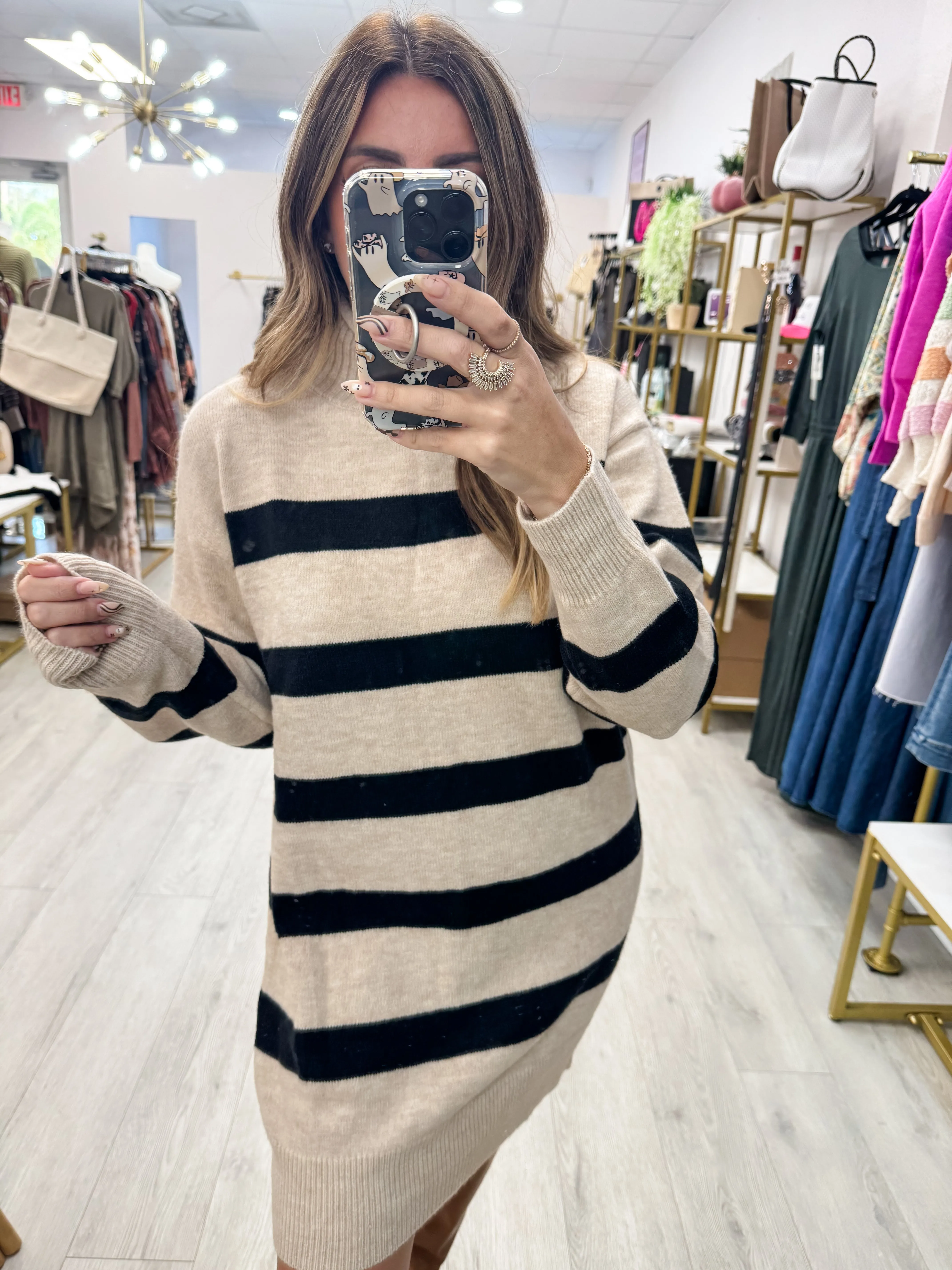 Striped Turtle Neck Sweater Dress