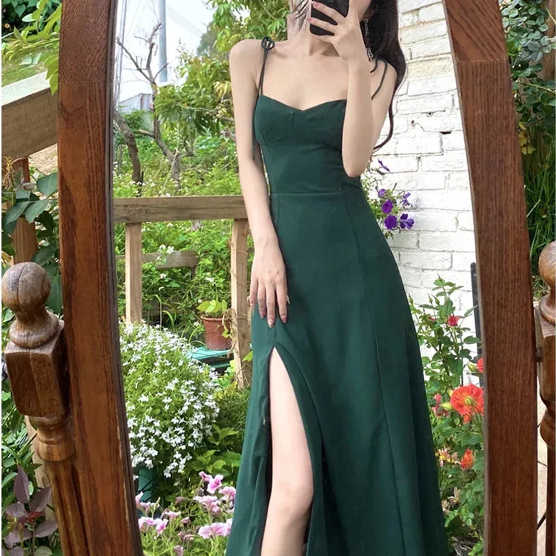 TAVIMART  -  French Retro V-Neck Green Chiffon Strap Dress Womem Vintage Sweet Midi Camisole Dress Side Split Casual Long Dress New