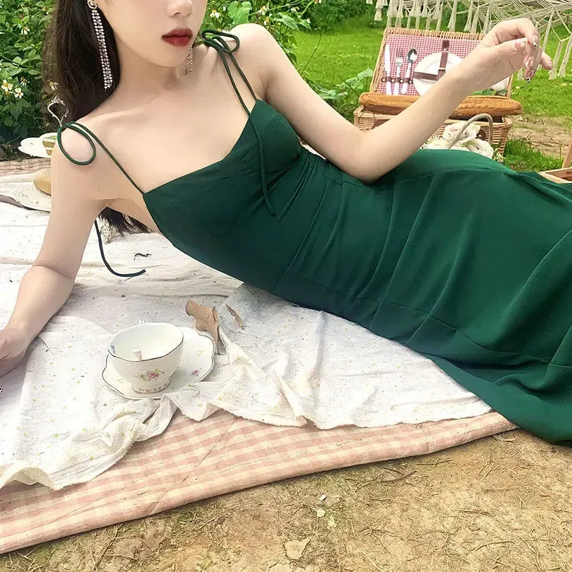 TAVIMART  -  French Retro V-Neck Green Chiffon Strap Dress Womem Vintage Sweet Midi Camisole Dress Side Split Casual Long Dress New