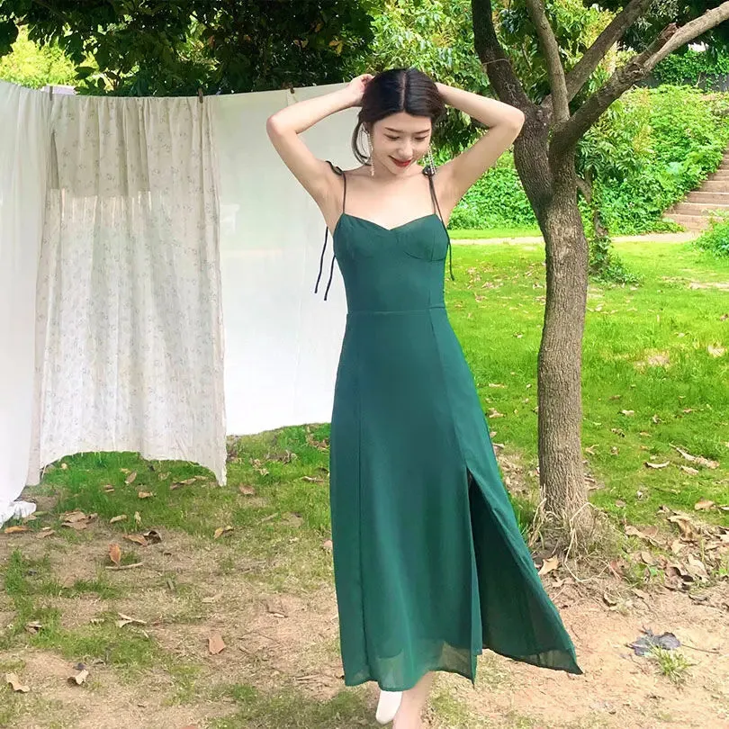 TAVIMART  -  French Retro V-Neck Green Chiffon Strap Dress Womem Vintage Sweet Midi Camisole Dress Side Split Casual Long Dress New