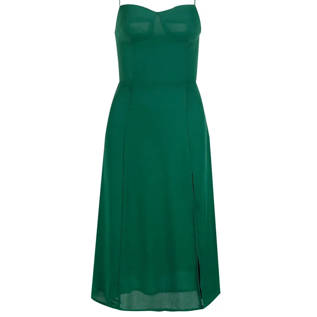 TAVIMART  -  French Retro V-Neck Green Chiffon Strap Dress Womem Vintage Sweet Midi Camisole Dress Side Split Casual Long Dress New