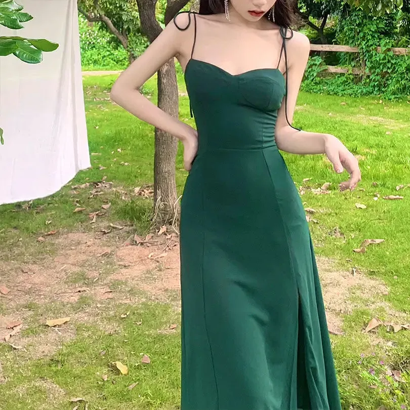 TAVIMART  -  French Retro V-Neck Green Chiffon Strap Dress Womem Vintage Sweet Midi Camisole Dress Side Split Casual Long Dress New