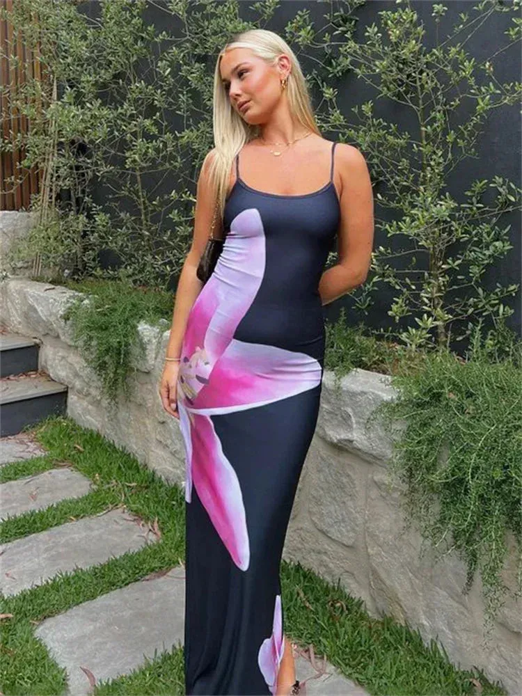Uniwim  Printed Spaghetti Hot Backless Maxi Dress Women Fashion Slim Elegant Contrast Patchwork Halter Dresses Autumn Long Dress