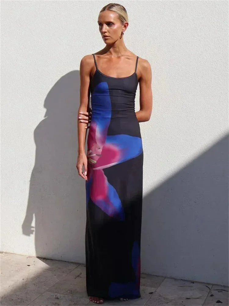Uniwim  Printed Spaghetti Hot Backless Maxi Dress Women Fashion Slim Elegant Contrast Patchwork Halter Dresses Autumn Long Dress