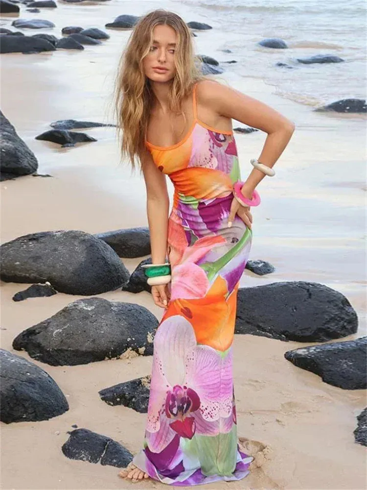 Uniwim  Printed Spaghetti Hot Backless Maxi Dress Women Fashion Slim Elegant Contrast Patchwork Halter Dresses Autumn Long Dress