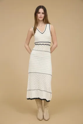 V-neck Sleeveless Sheer Trim Crochet Midi Dress