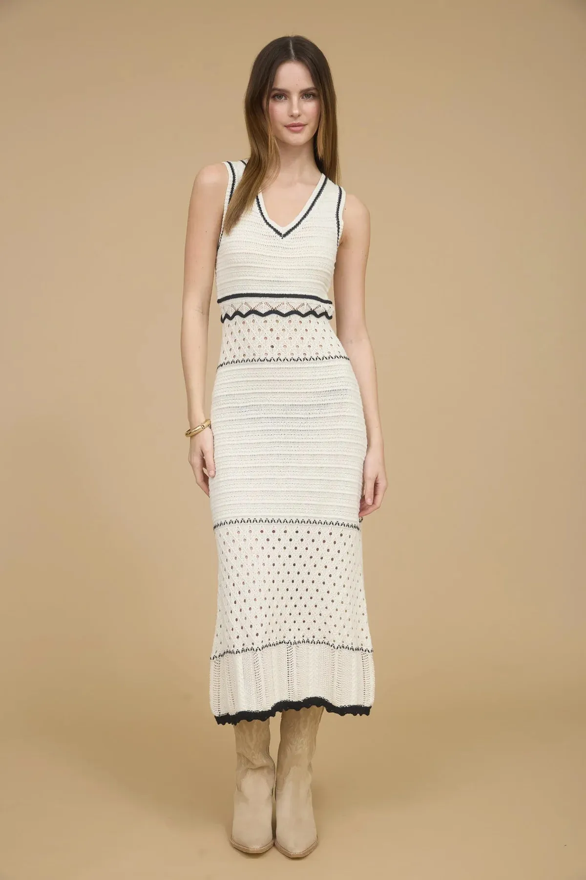 V-neck Sleeveless Sheer Trim Crochet Midi Dress