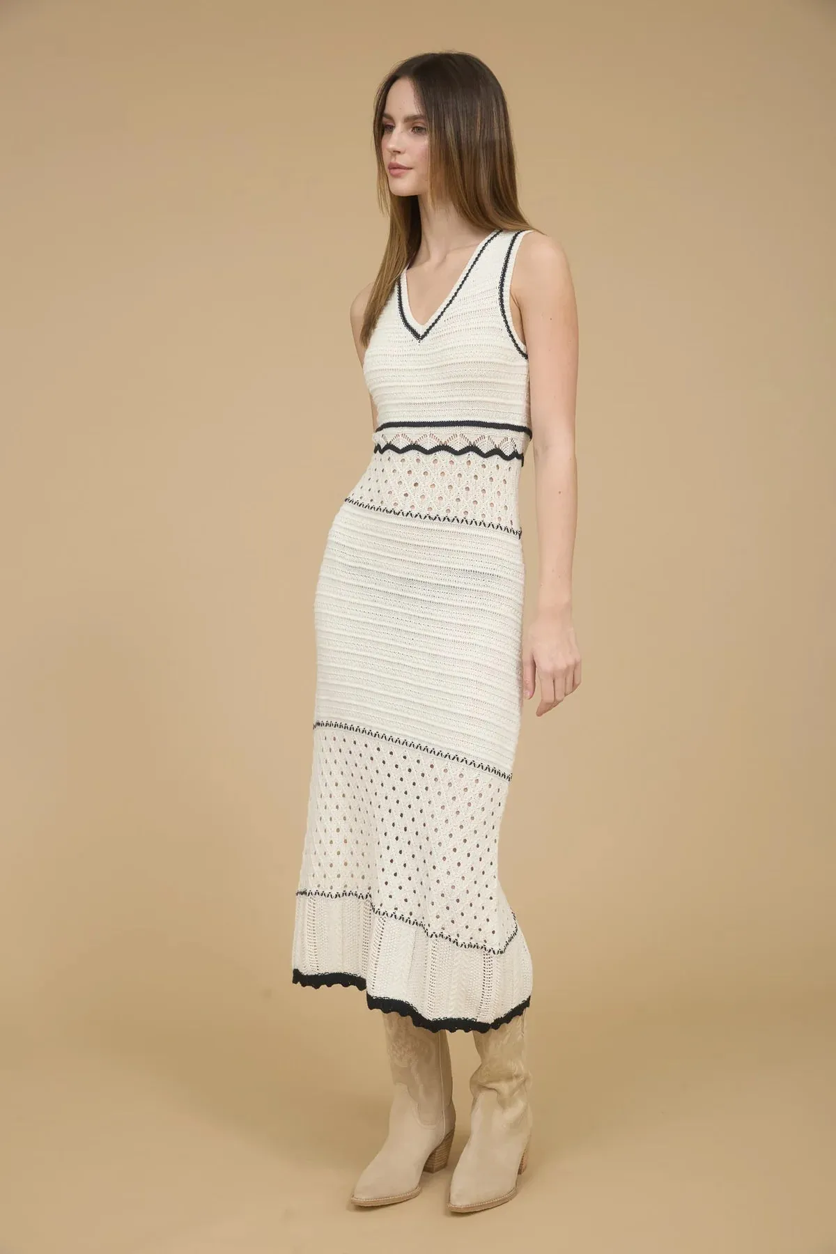 V-neck Sleeveless Sheer Trim Crochet Midi Dress