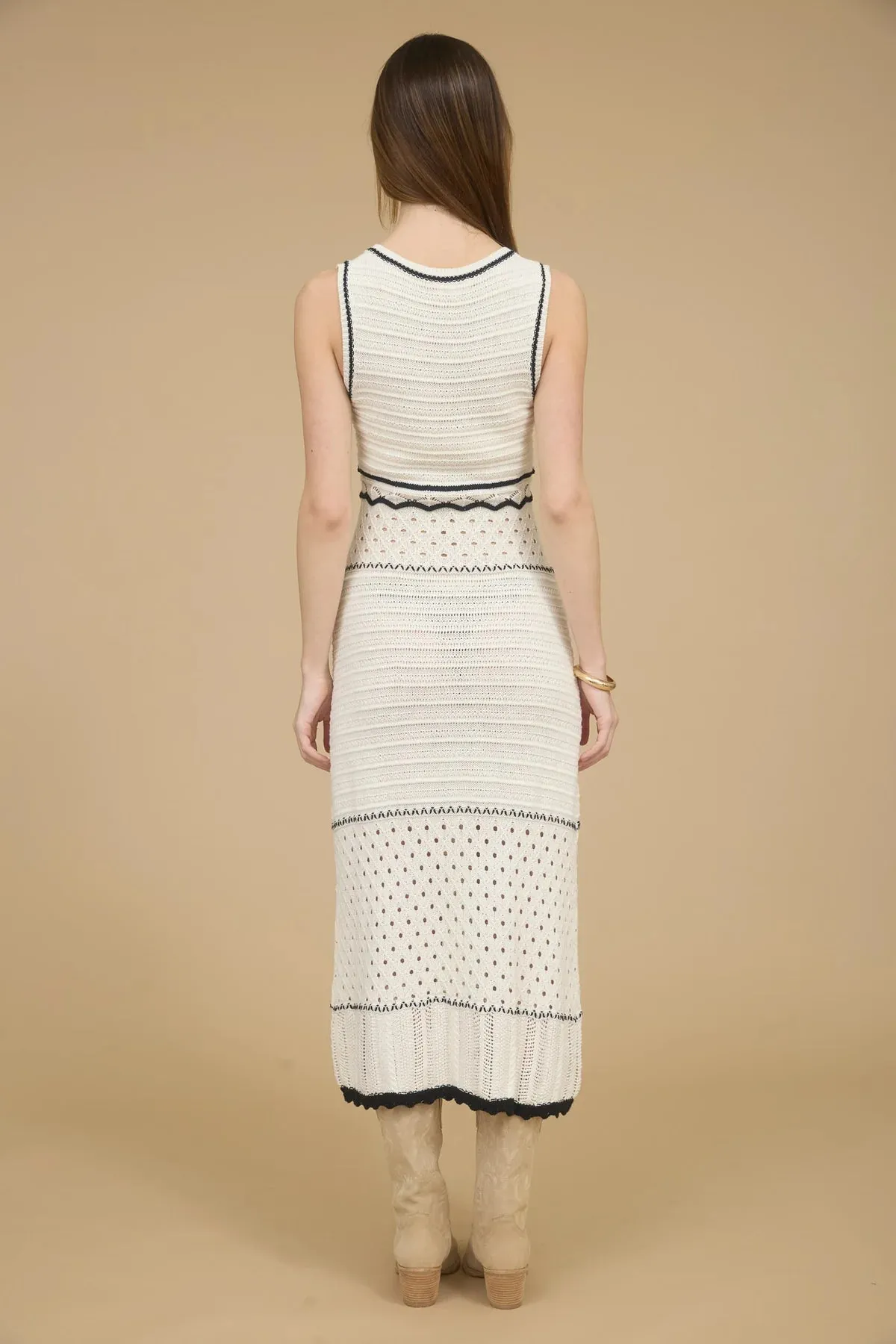 V-neck Sleeveless Sheer Trim Crochet Midi Dress