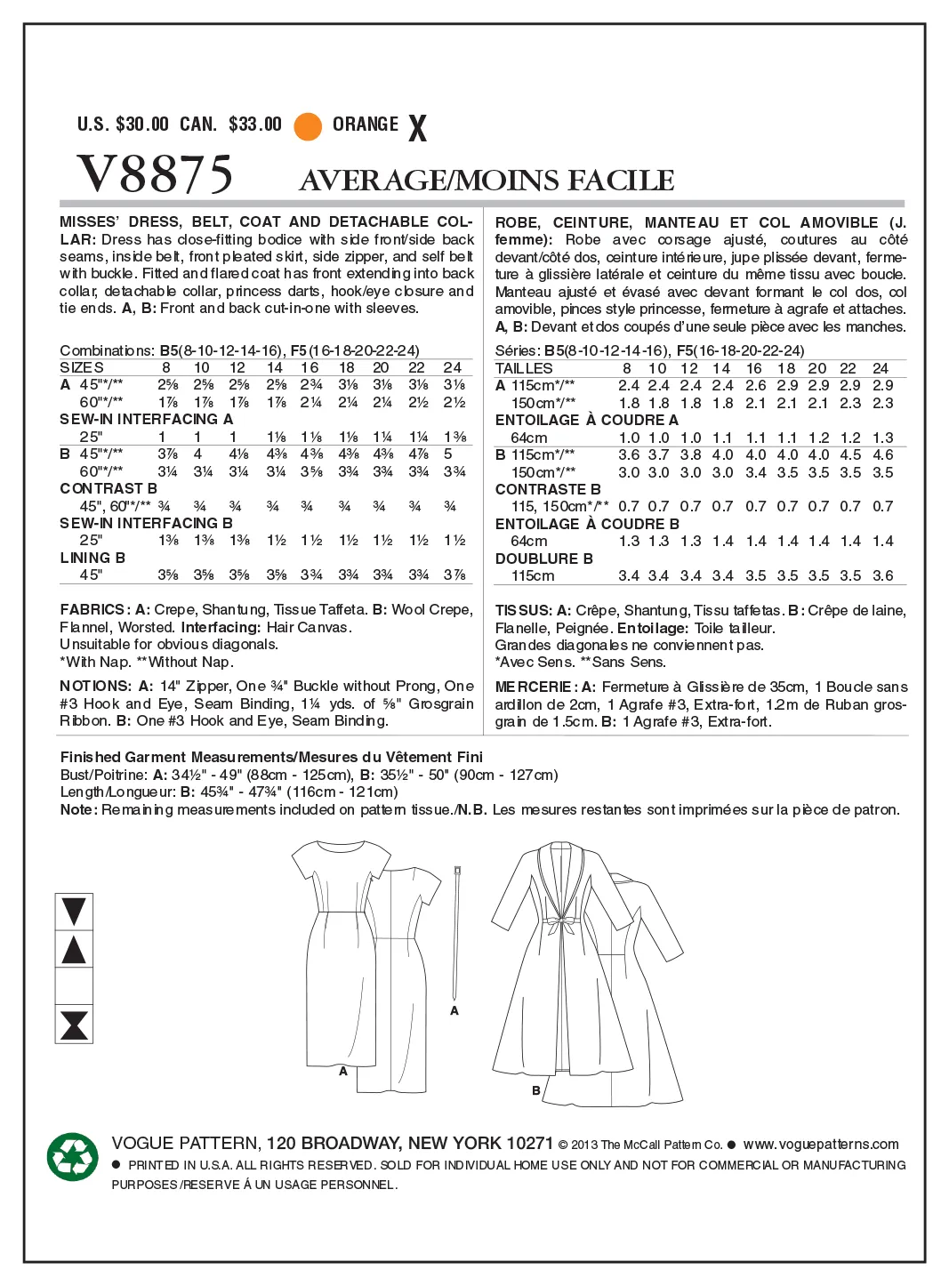Vogue Patterns 8875 Vintage 1955 Dress and Coat Pattern
