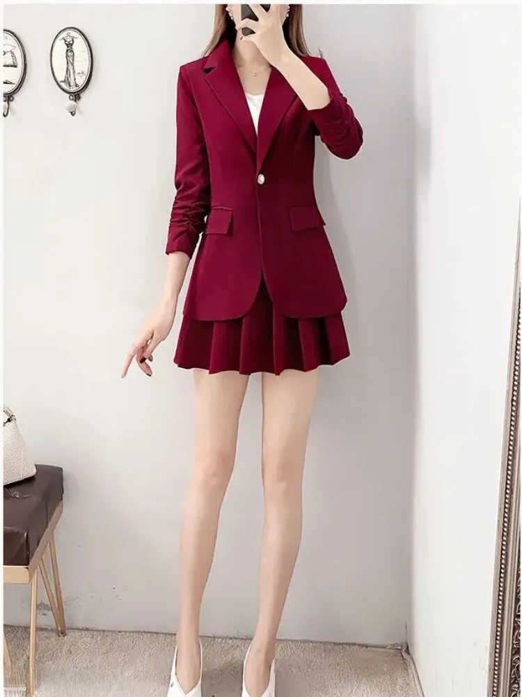 Wjczt Spring Autumn Red Suit Dress Fashion Temperament Small Suit Coat Pleated Skirt 2-piece Set Formal Skirt Suits for Women Dress
