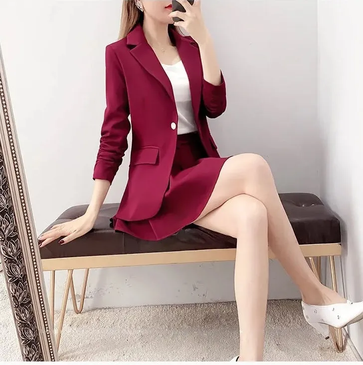 Wjczt Spring Autumn Red Suit Dress Fashion Temperament Small Suit Coat Pleated Skirt 2-piece Set Formal Skirt Suits for Women Dress