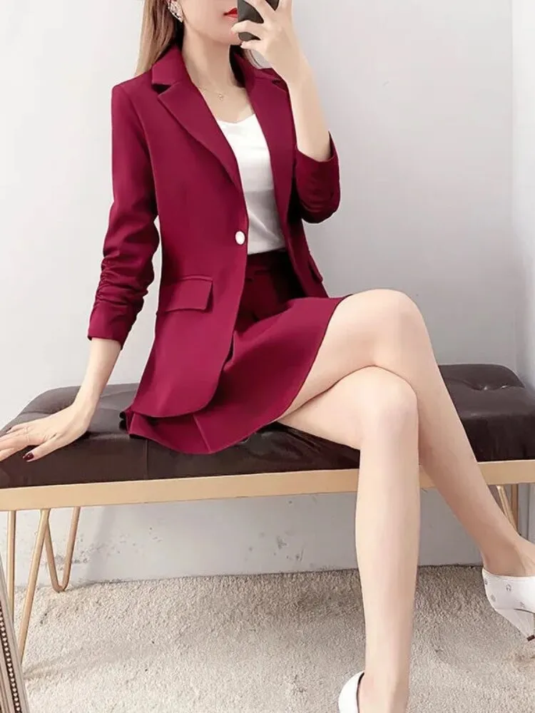Wjczt Spring Autumn Red Suit Dress Fashion Temperament Small Suit Coat Pleated Skirt 2-piece Set Formal Skirt Suits for Women Dress