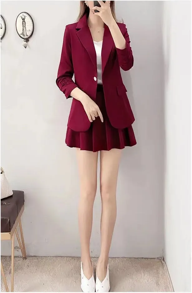 Wjczt Spring Autumn Red Suit Dress Fashion Temperament Small Suit Coat Pleated Skirt 2-piece Set Formal Skirt Suits for Women Dress