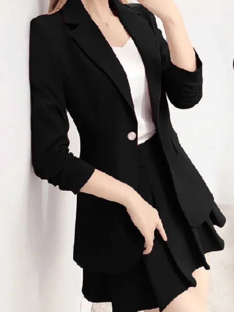 Wjczt Spring Autumn Red Suit Dress Fashion Temperament Small Suit Coat Pleated Skirt 2-piece Set Formal Skirt Suits for Women Dress