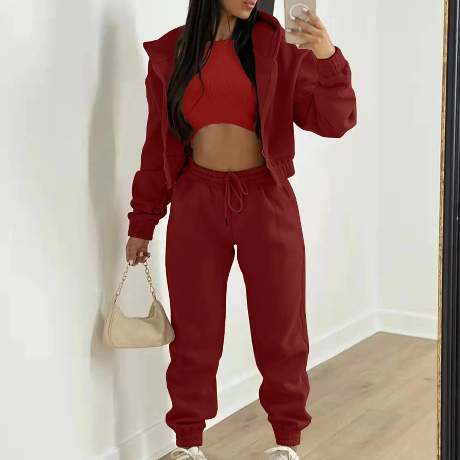 Women 3 Piece Sets Casual Long Sleeve Zip Hoodies Ribbed Tank High Waist Sweatpants Jogger Pant Suits Sporty Three Pieces Outfit