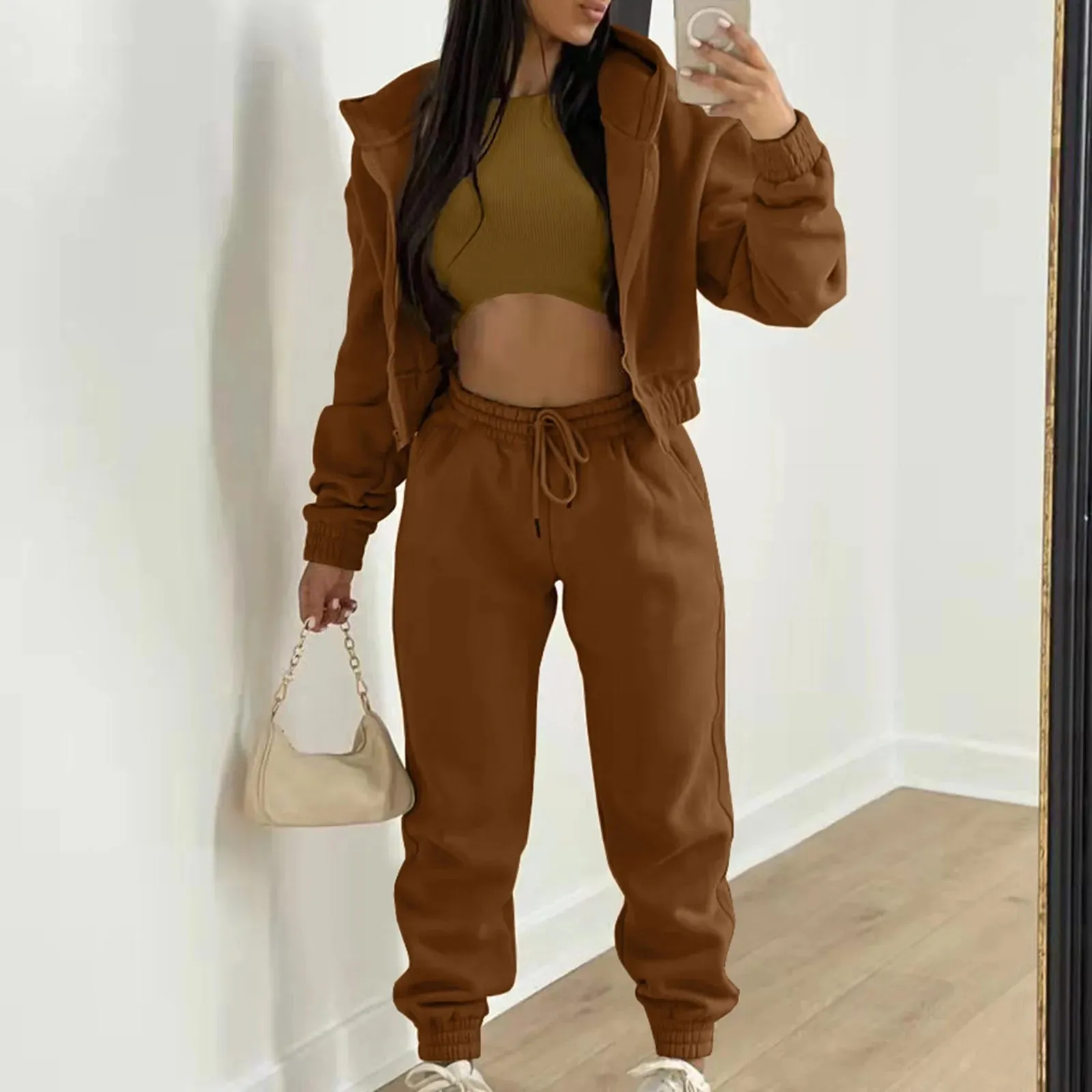 Women 3 Piece Sets Casual Long Sleeve Zip Hoodies Ribbed Tank High Waist Sweatpants Jogger Pant Suits Sporty Three Pieces Outfit