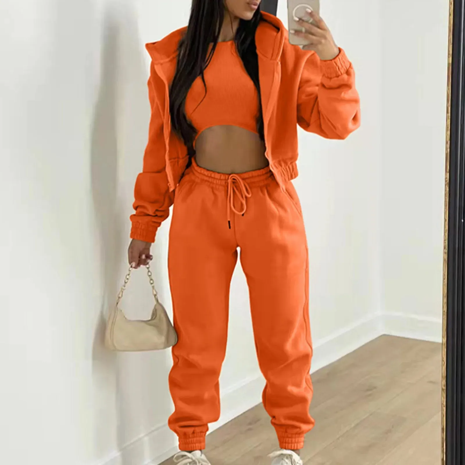 Women 3 Piece Sets Casual Long Sleeve Zip Hoodies Ribbed Tank High Waist Sweatpants Jogger Pant Suits Sporty Three Pieces Outfit