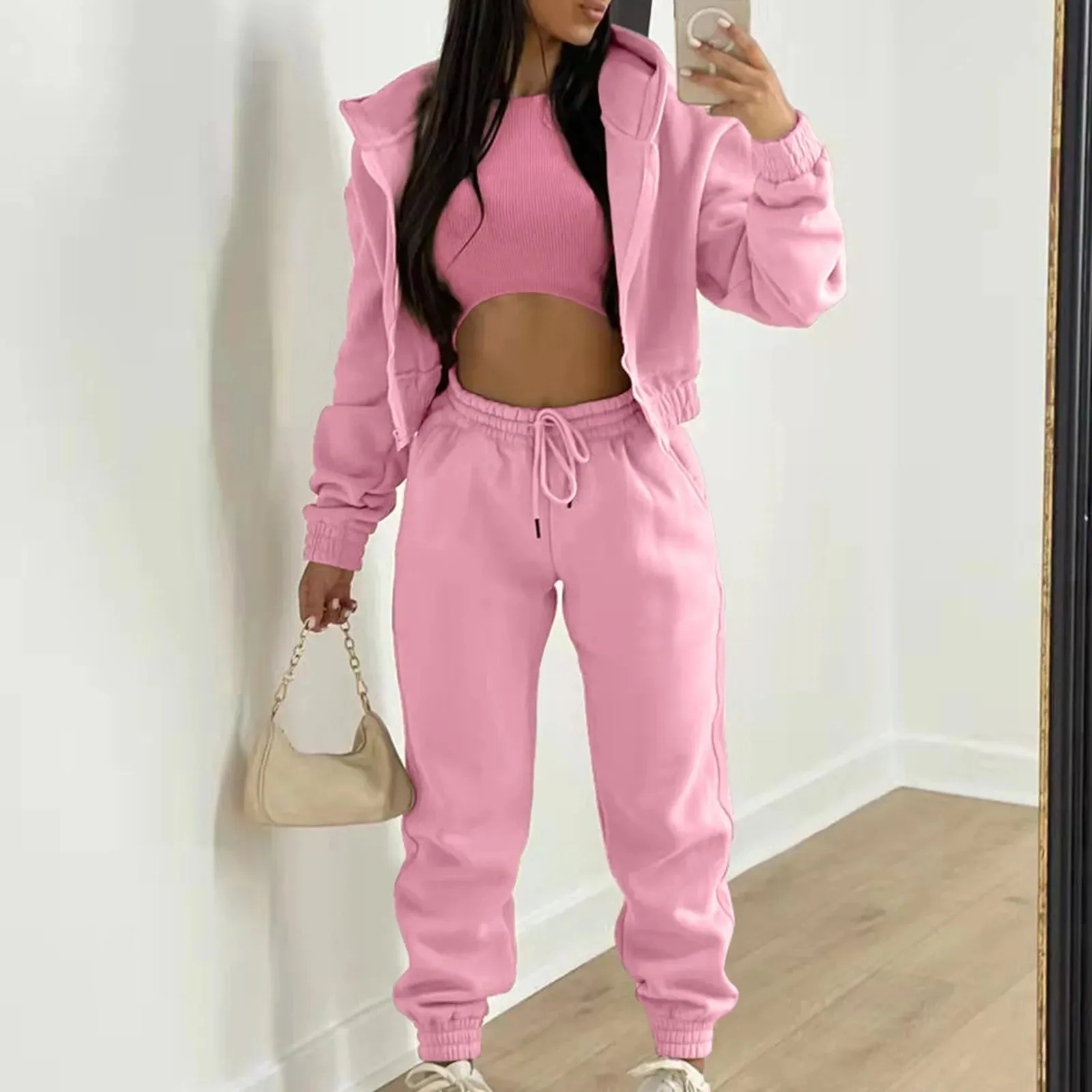 Women 3 Piece Sets Casual Long Sleeve Zip Hoodies Ribbed Tank High Waist Sweatpants Jogger Pant Suits Sporty Three Pieces Outfit