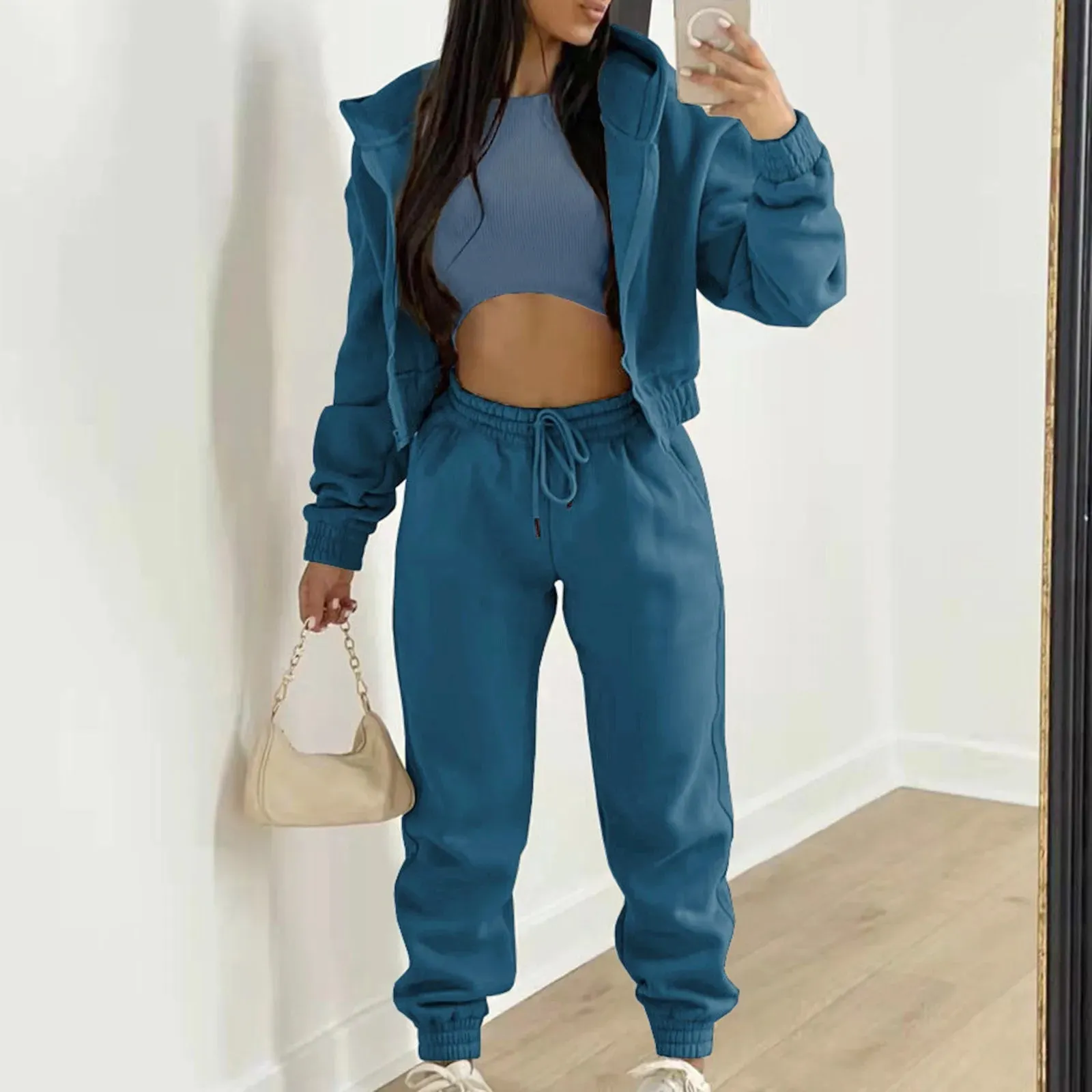 Women 3 Piece Sets Casual Long Sleeve Zip Hoodies Ribbed Tank High Waist Sweatpants Jogger Pant Suits Sporty Three Pieces Outfit