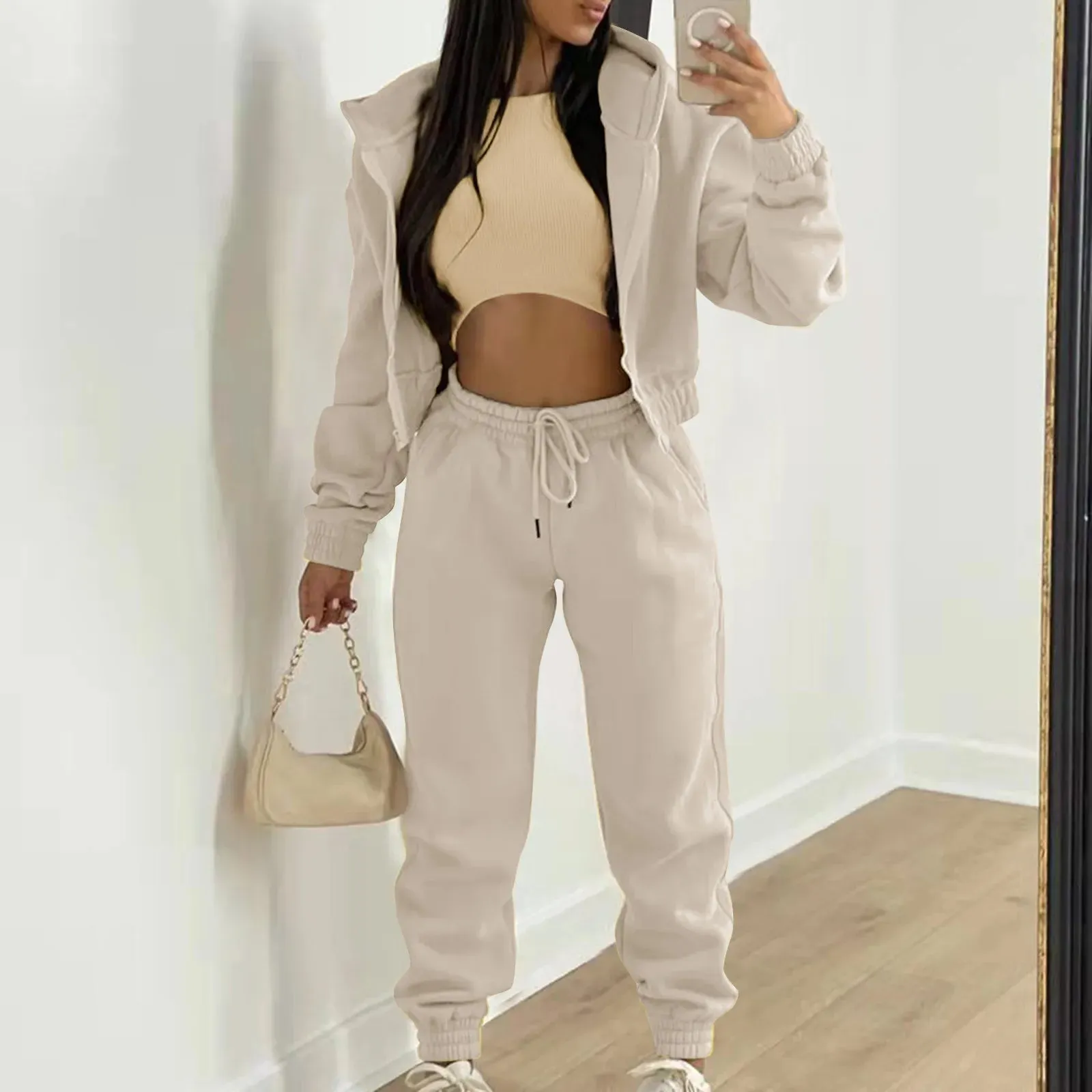 Women 3 Piece Sets Casual Long Sleeve Zip Hoodies Ribbed Tank High Waist Sweatpants Jogger Pant Suits Sporty Three Pieces Outfit