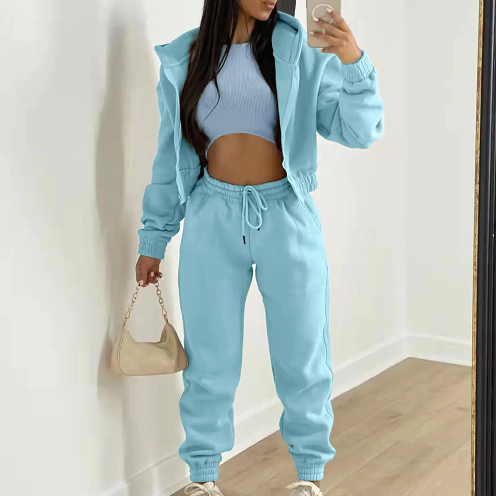 Women 3 Piece Sets Casual Long Sleeve Zip Hoodies Ribbed Tank High Waist Sweatpants Jogger Pant Suits Sporty Three Pieces Outfit