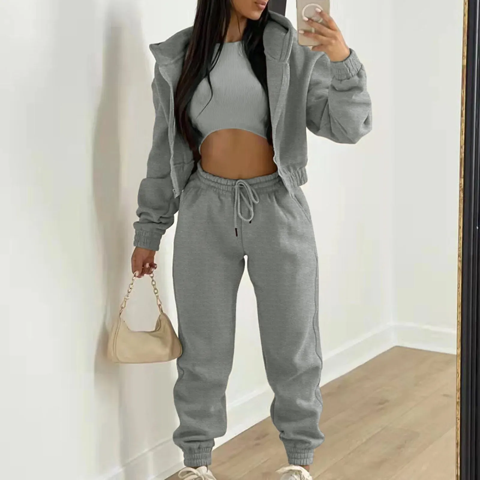 Women 3 Piece Sets Casual Long Sleeve Zip Hoodies Ribbed Tank High Waist Sweatpants Jogger Pant Suits Sporty Three Pieces Outfit