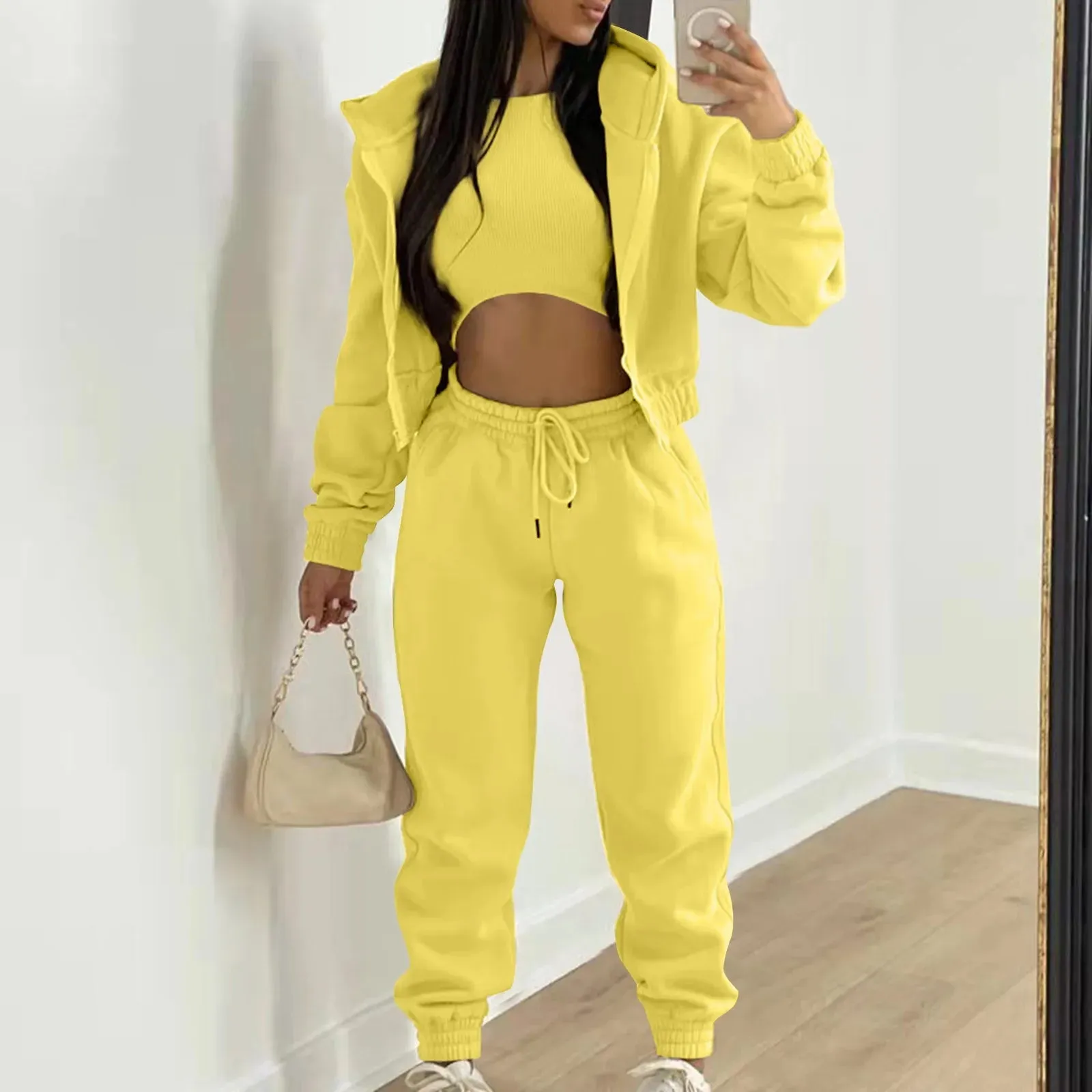 Women 3 Piece Sets Casual Long Sleeve Zip Hoodies Ribbed Tank High Waist Sweatpants Jogger Pant Suits Sporty Three Pieces Outfit