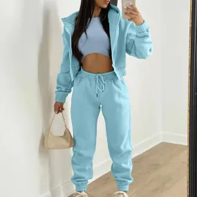 Women 3 Piece Sets Casual Long Sleeve Zip Hoodies Ribbed Tank High Waist Sweatpants Jogger Pant Suits Sporty Three Pieces Outfit