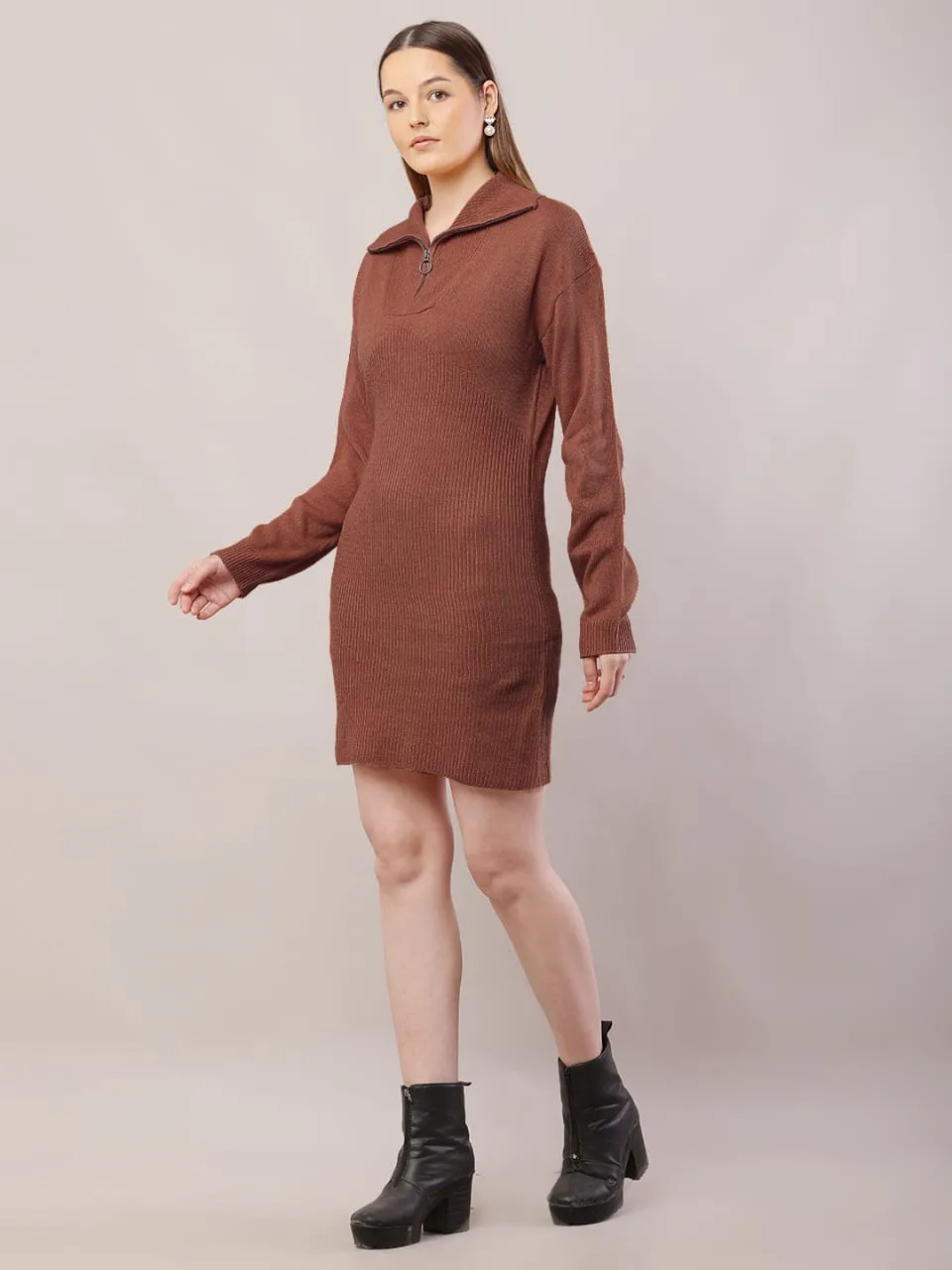 Women brown acrylic shirt collar sweater dress