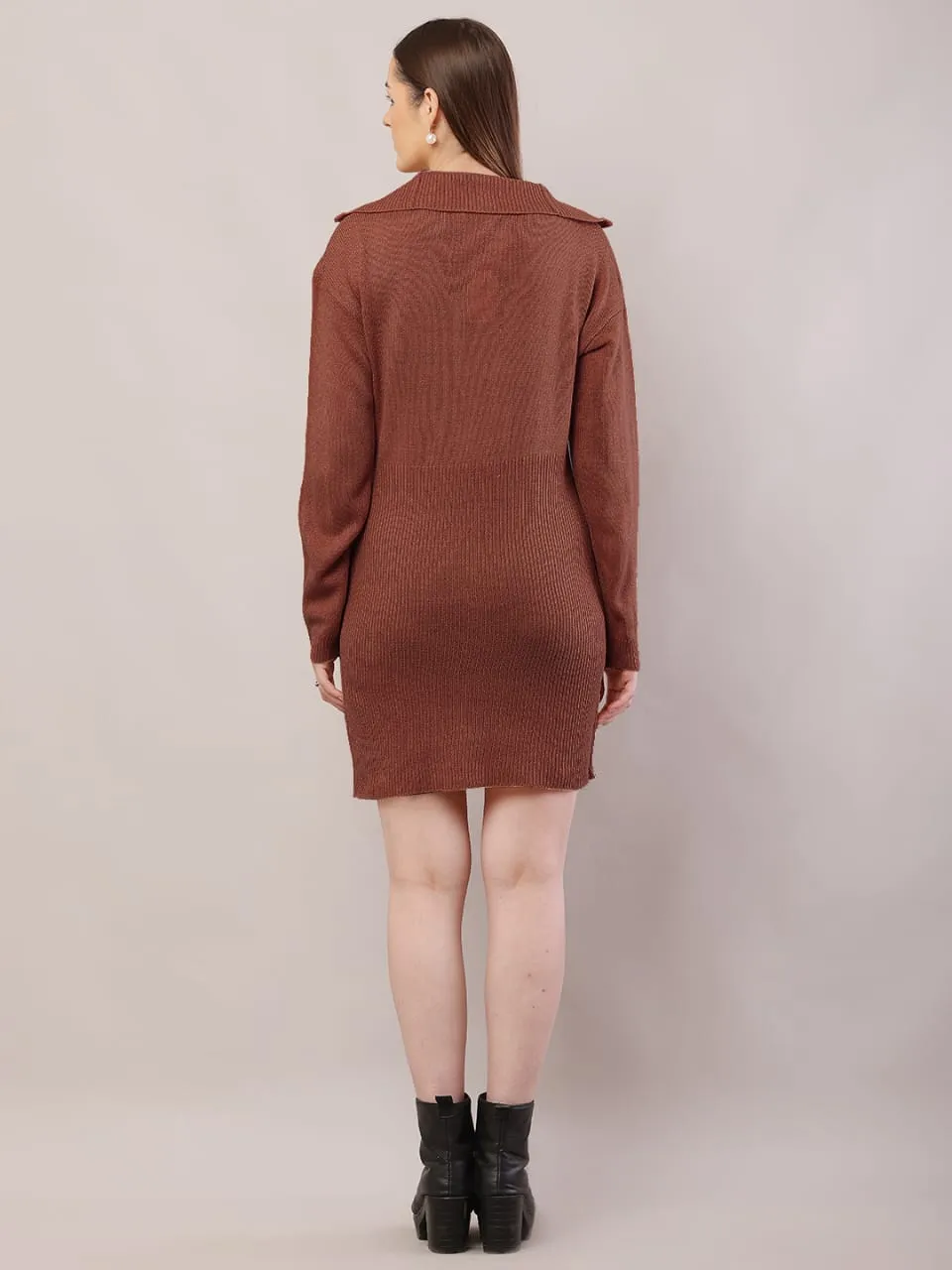 Women brown acrylic shirt collar sweater dress