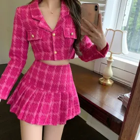 xakxx Fall Small Fragrance Vintage Tweed Two Piece Set Women Crop Top Woolen Short Jacket Coat   Mini Skirts Sets Sweet 2 Piece Suits