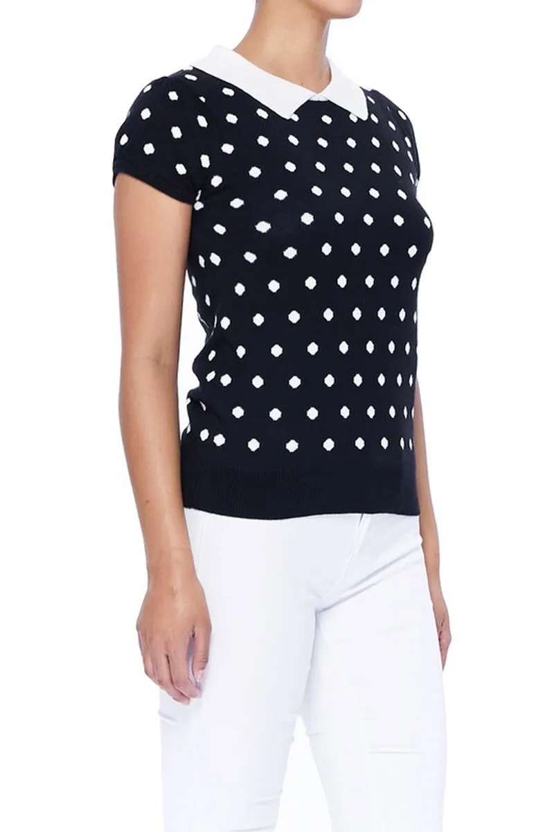 YEMAK Women's Classic Polka Dot Contrast Collar Short Sleeve Casual Pullover Sweater MK3673