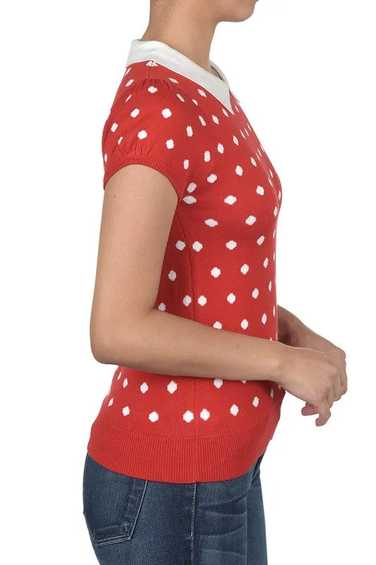 YEMAK Women's Classic Polka Dot Contrast Collar Short Sleeve Casual Pullover Sweater MK3673