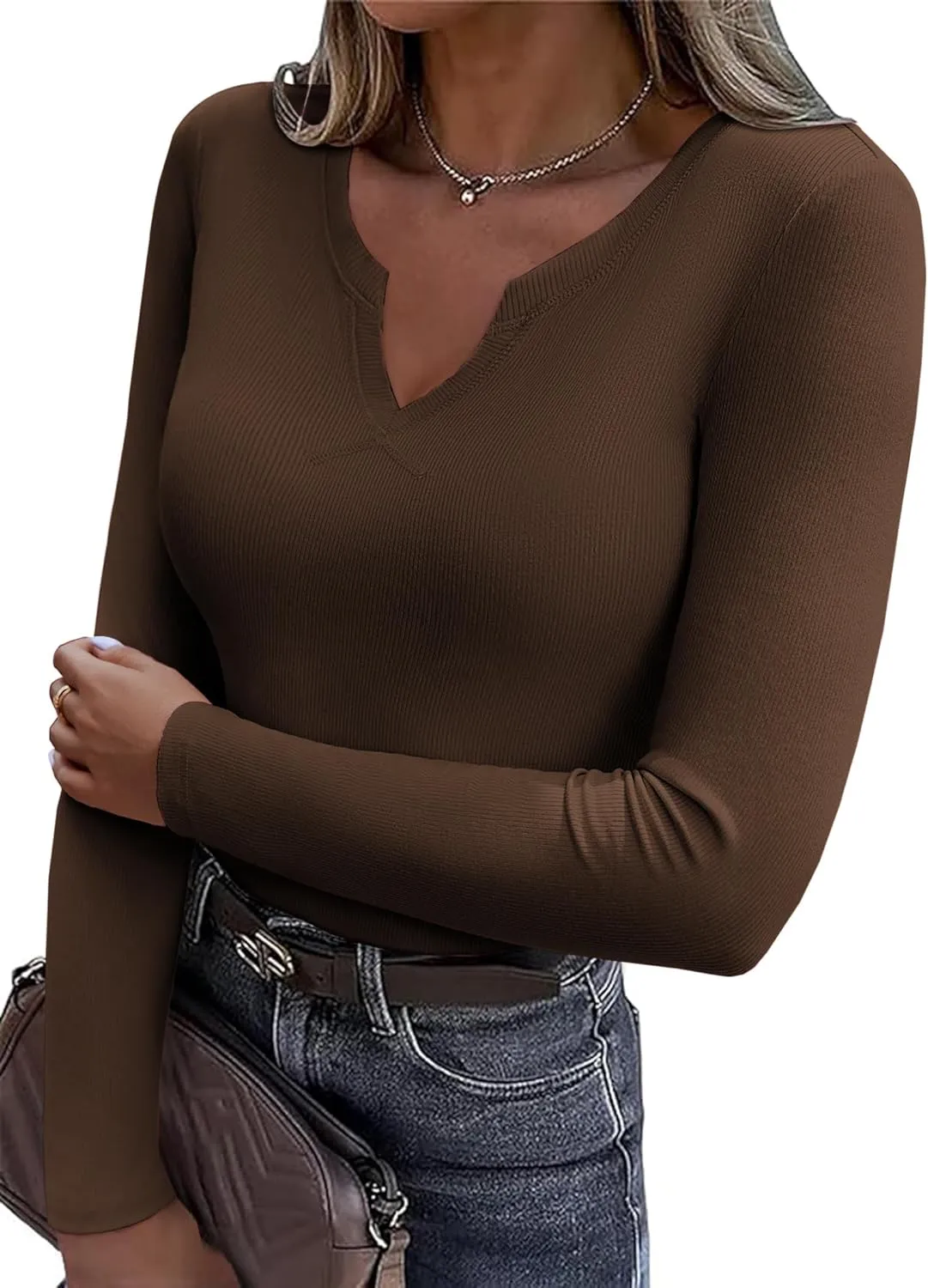Zeagoo Womens Long Sleeve T Shirts V-Neck Slim Fitted Knit Top