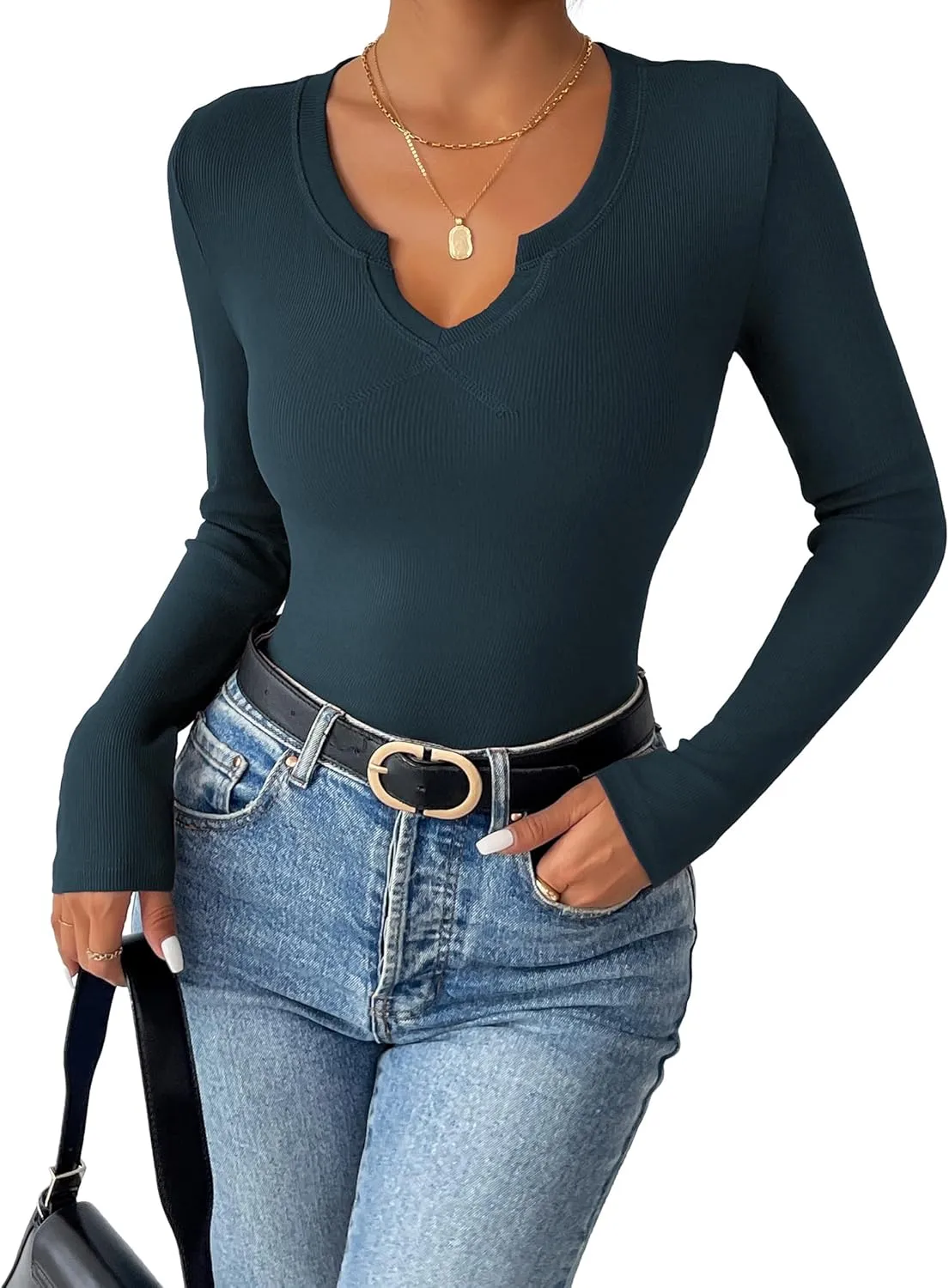 Zeagoo Womens Long Sleeve T Shirts V-Neck Slim Fitted Knit Top