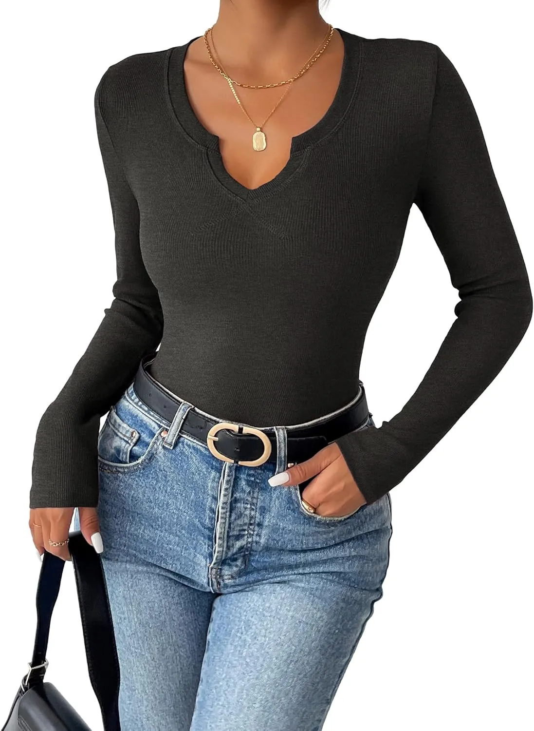 Zeagoo Womens Long Sleeve T Shirts V-Neck Slim Fitted Knit Top