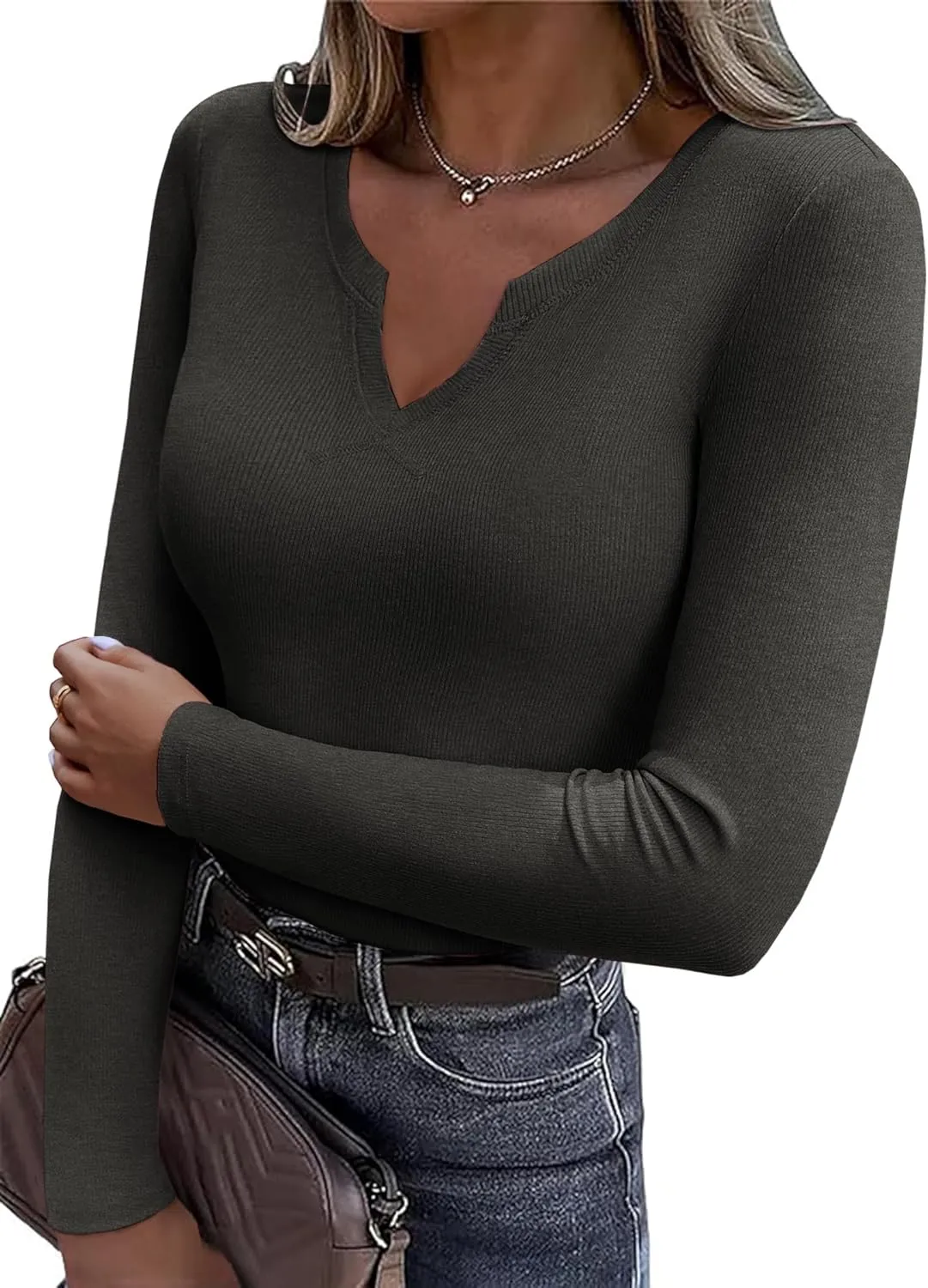 Zeagoo Womens Long Sleeve T Shirts V-Neck Slim Fitted Knit Top