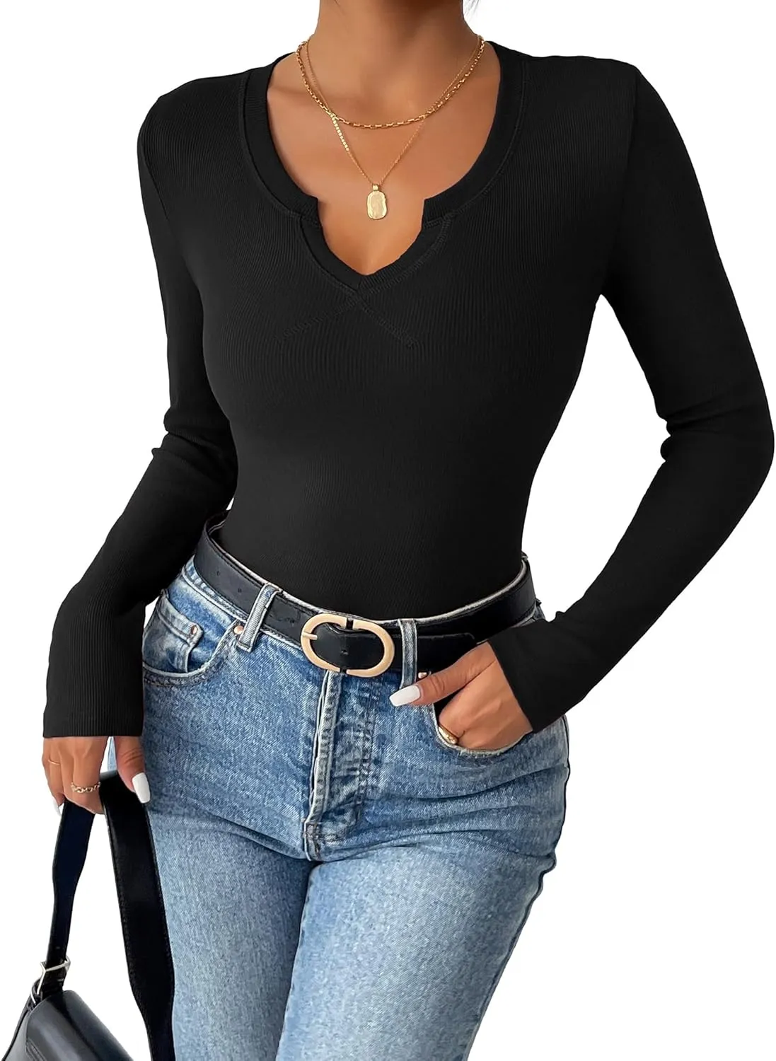 Zeagoo Womens Long Sleeve T Shirts V-Neck Slim Fitted Knit Top