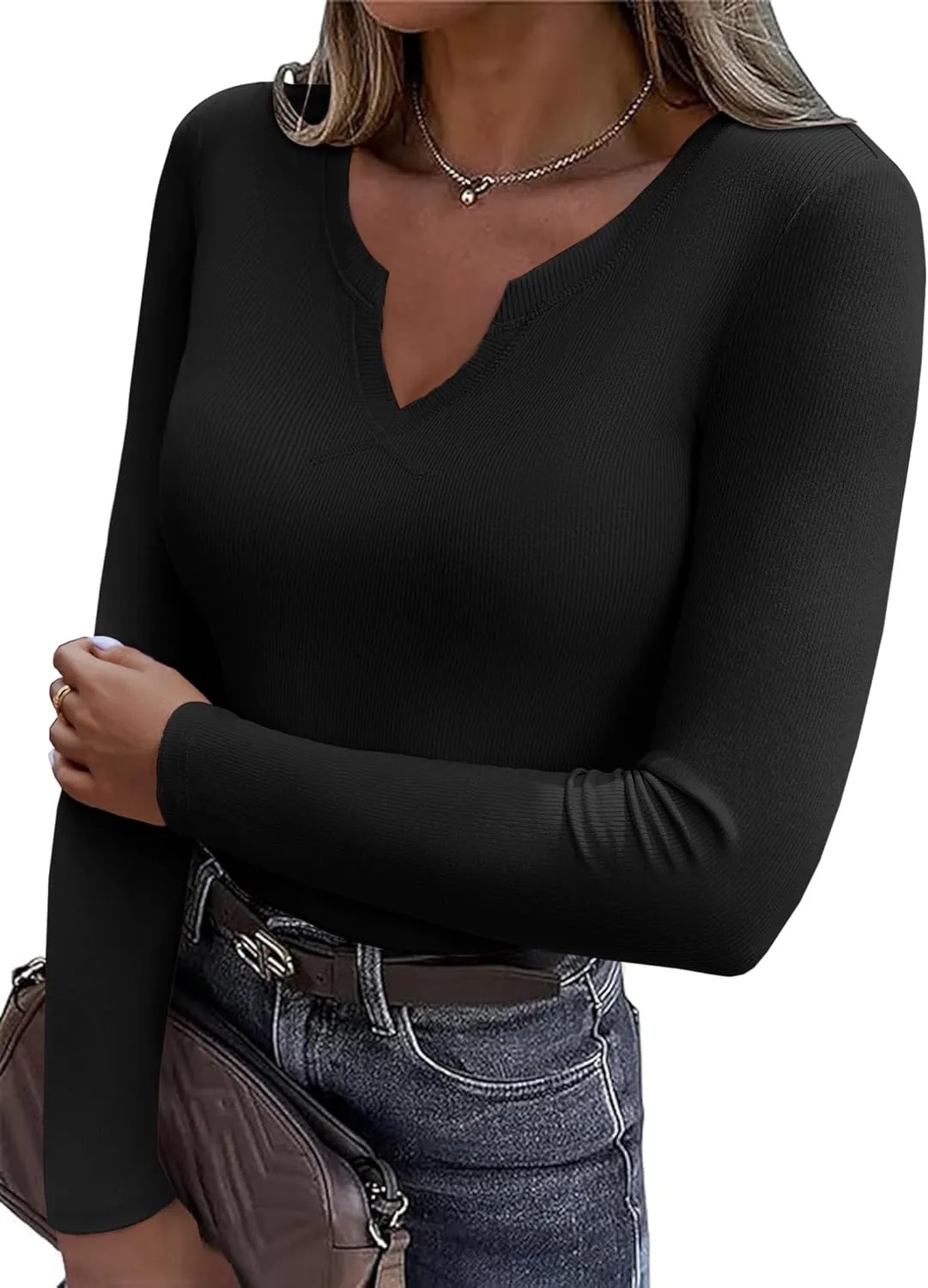 Zeagoo Womens Long Sleeve T Shirts V-Neck Slim Fitted Knit Top