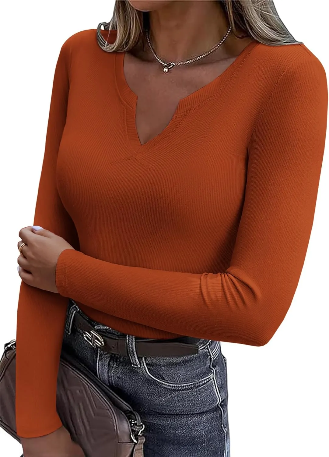 Zeagoo Womens Long Sleeve T Shirts V-Neck Slim Fitted Knit Top