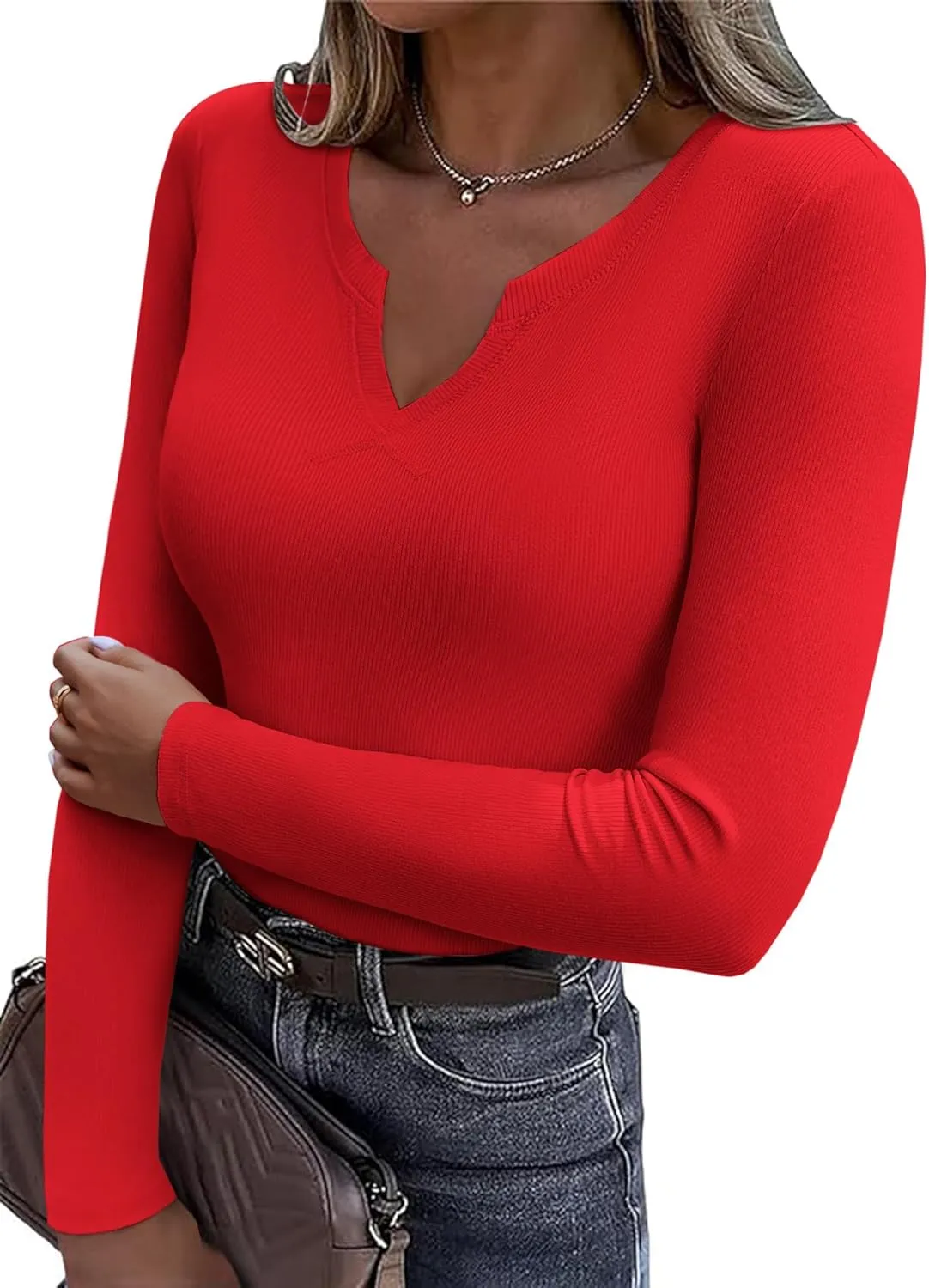 Zeagoo Womens Long Sleeve T Shirts V-Neck Slim Fitted Knit Top