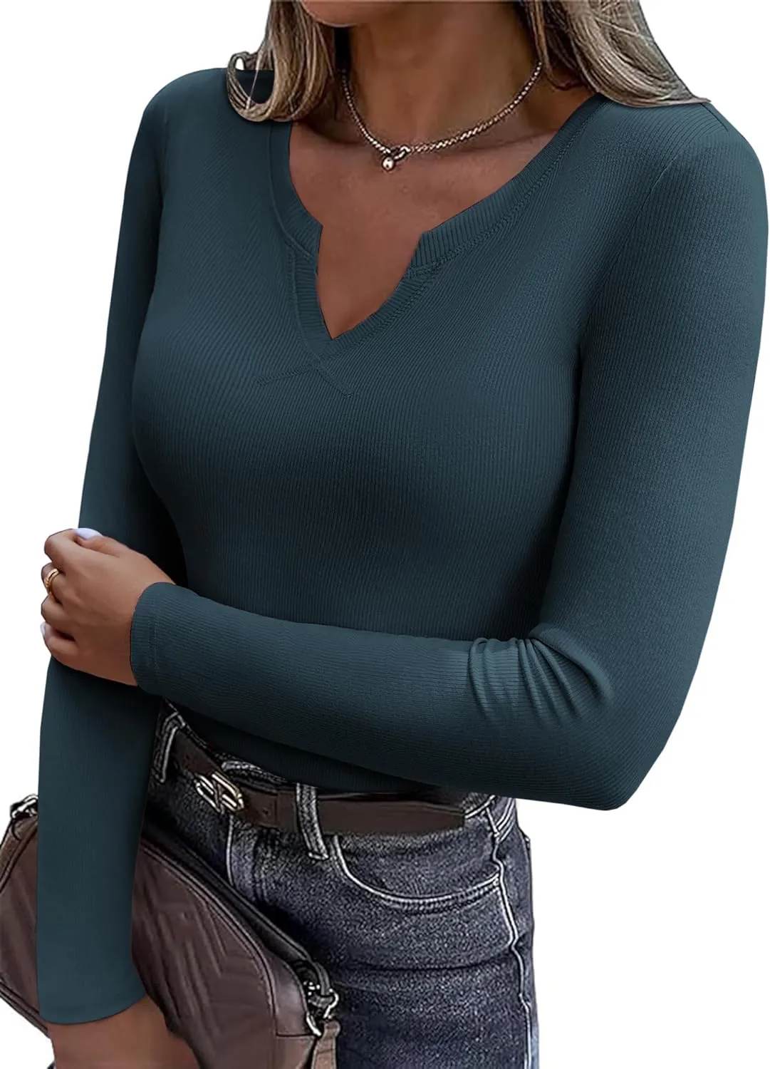 Zeagoo Womens Long Sleeve T Shirts V-Neck Slim Fitted Knit Top