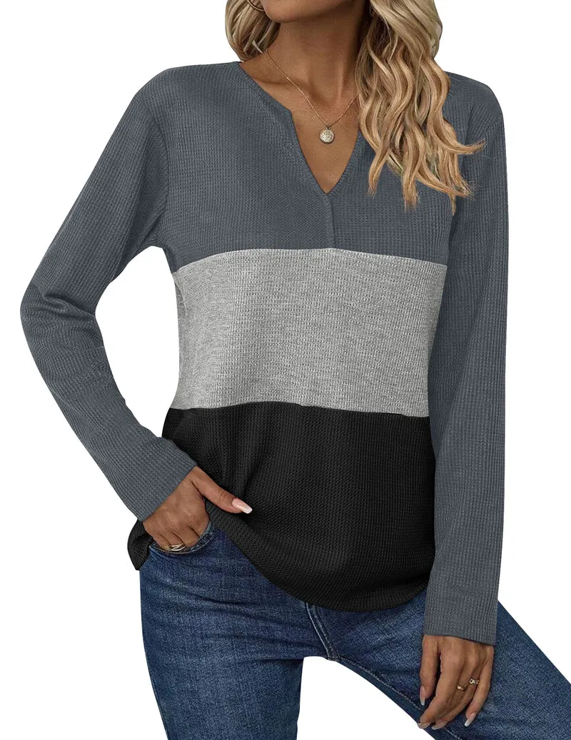 Zeagoo Women's Waffle Shirts V Neck Long Sleeve Tops Color Block T-Shirts