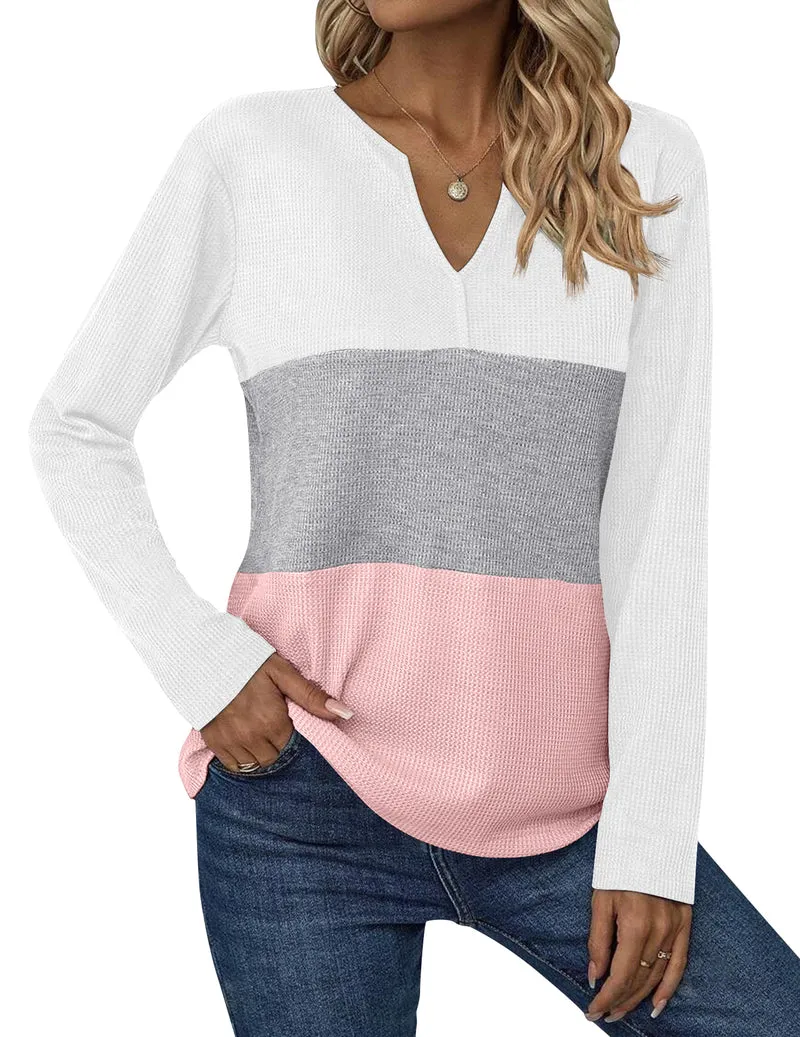 Zeagoo Women's Waffle Shirts V Neck Long Sleeve Tops Color Block T-Shirts